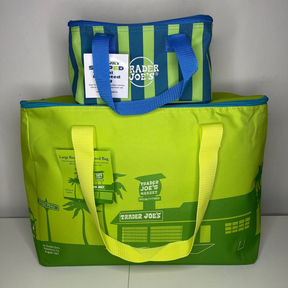 Set of 2 Trader Joe’s Insulated Cooler Bags — Large + Mini — Lime Green + Stripe